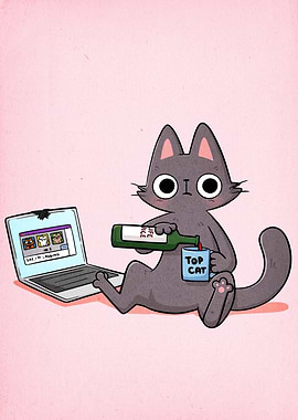 Cartoon Cat with Wine and Laptop