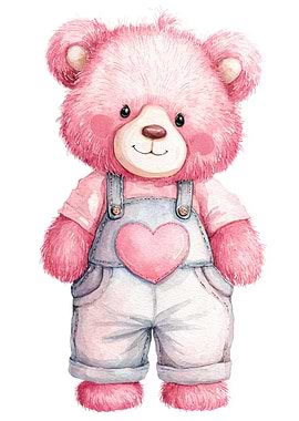 Watercolor Pink Teddy Bear with Overalls