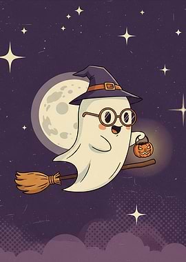 Cute Ghost Witch Flying on Broom