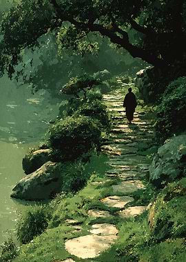 Monk walking on stone path
