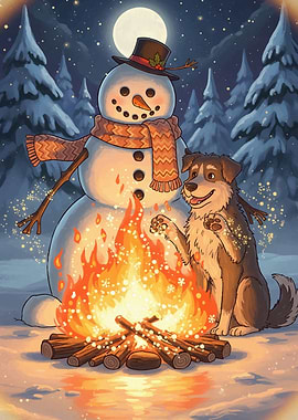 Snowman, Dog, and Campfire Winter Scene
