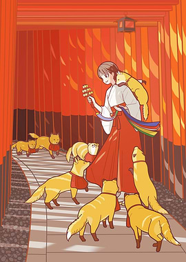 Miko with Foxes in Torii Gate