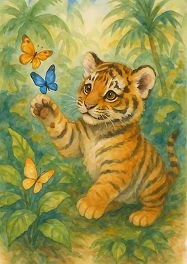 Watercolor Tiger Cub with Butterflies in the Jungle