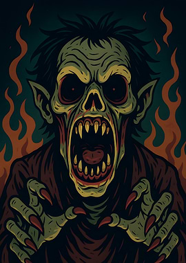 Terrifying Zombie Illustration with Fiery Background