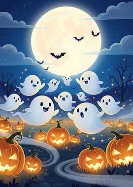 Halloween Night with Ghosts and Pumpkins