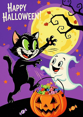 Happy Halloween Cartoon with Cat and Ghost Halloween2025