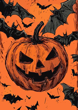 Halloween Pumpkin and Bats Illustration