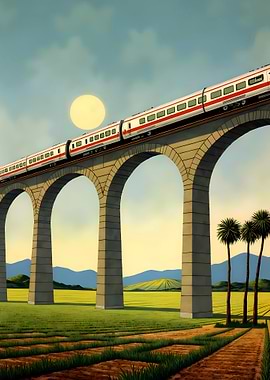 Train on Viaduct Landscape Illustration