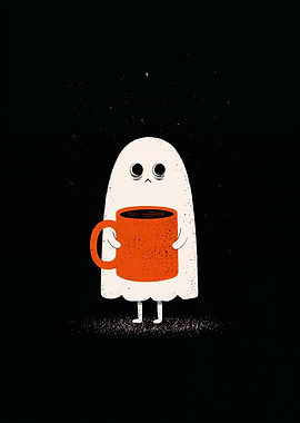 Sleepy Ghost with Coffee Mug
