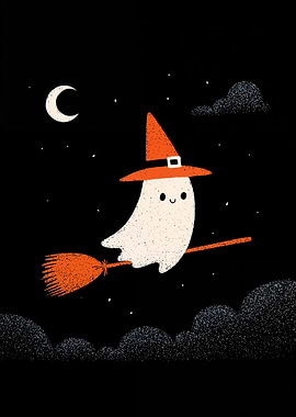 Cute Ghost Witch Flying on Broom