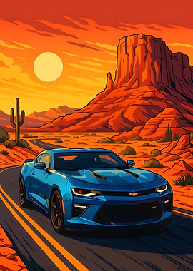 Blue Camaro Desert Road Trip