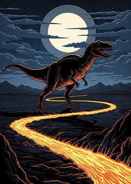 Dinosaur Under Moonlight Lava River