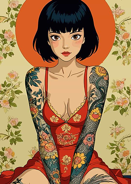 Tattooed Woman in Red Dress Illustration