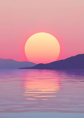 Pink Sunset Over Water and Mountains
