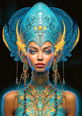 Cosmic Goddess with ornate headdress and jewelry