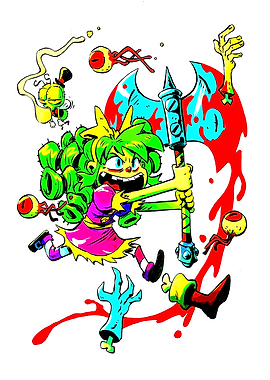 Cartoon Girl with Axe and Monsters
