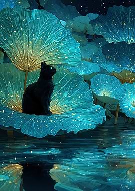 Black cat on glowing lotus leaf