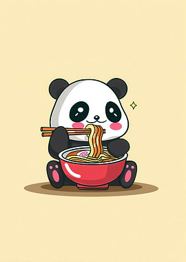 Cute Panda Eating Ramen Illustration