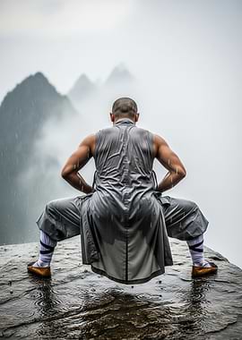 Shaolin Monk Meditating in Rain