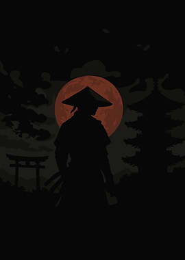 Samurai Silhouette with Red Moon