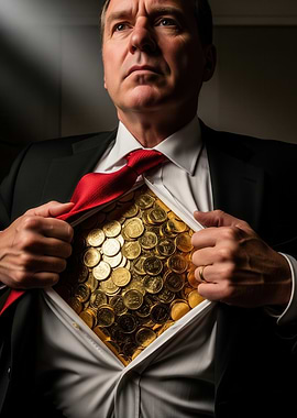 Man revealing chest full of coins