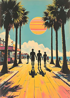 Beach Boardwalk with People and Palm Trees