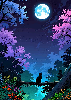 Cat Silhouette Under Moonlight in Forest