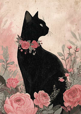 Black Cat with Floral Collar Halloween Regal Boho