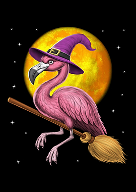Flamingo Witch Riding Broom