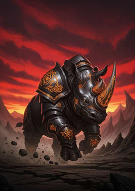 Armored Rhino in Fantasy Landscape