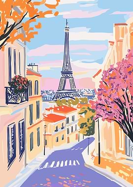 Paris street with Eiffel Tower view