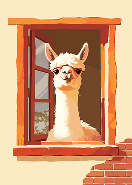 Llama Looking Out Window Illustration