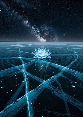 Lotus on Frozen Lake Under Stars