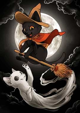 Halloween Cats Flying on Broomstick