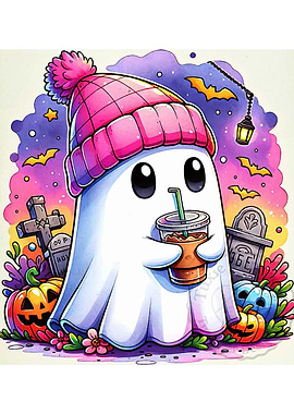 Cute Ghost with Coffee in Graveyard