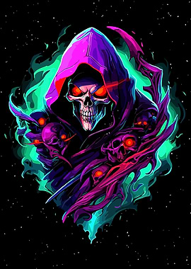 Neon Grim Reaper with Skulls