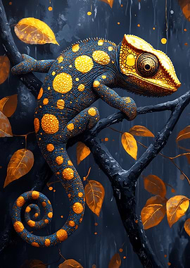 Chameleon on Branch with Golden Leaves