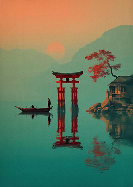 Japanese Torii Gate at Sunset