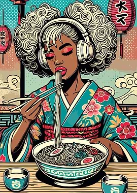 Woman with Headphones Eating Ramen