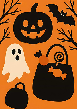 Halloween Illustration with Pumpkin and Ghost