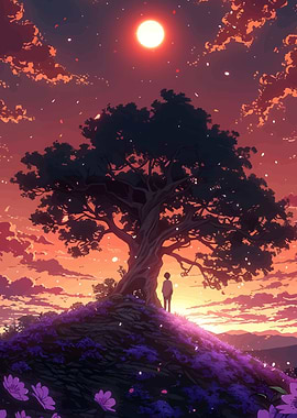 Sunset Tree Anime Landscape