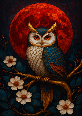 Owl and Red Moon Art