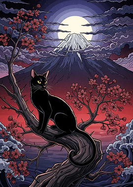 Cat Cherry Blossoms Mount Fuji