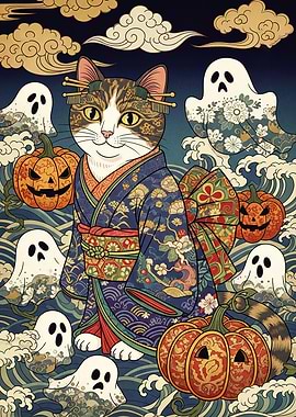 Halloween Cat Kimono Ghosts