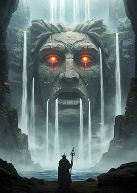 Mystical Stone Face Waterfall Guardian
