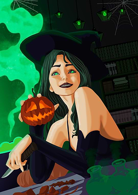 Witch carving pumpkin in her library