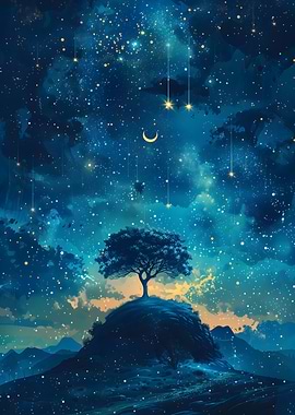 Celestial Tree Under a Starry Night Sky
