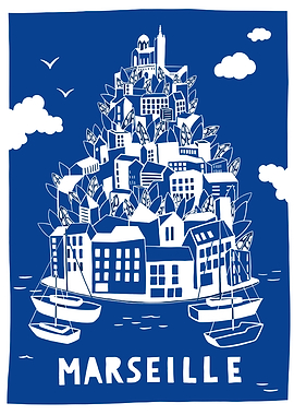 Marseille Cityscape Illustration in Blue and White