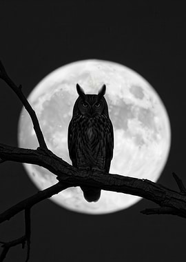 Owl Perched on Branch with Full Moon