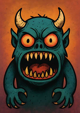 Cartoon Monster with Horns and Claws